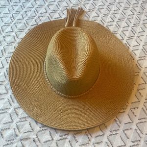 Tan Carly Jean Flat Brim Sun Hat with Tassel Detail - Adjustable size